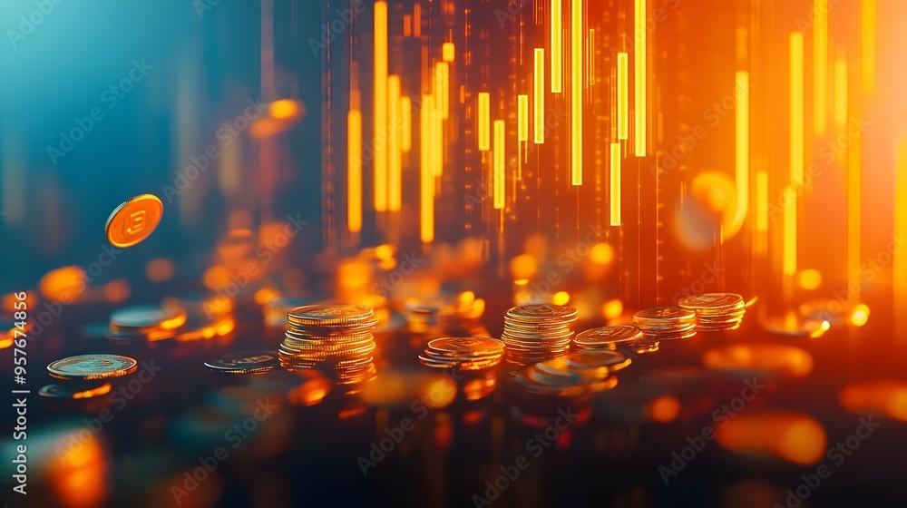 Poster 3d rendered falling interest rates concept with descending graph and dropping coins symbolizing econ