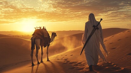 A sunset wallpaper with an Arabian knight traveling on camelback through glowing desert sands