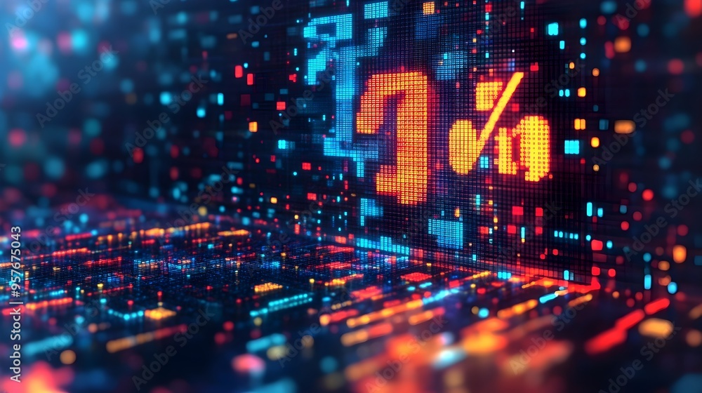 Poster 3d rendered interest rate percentage symbol dissolving into pixels representing economic decline