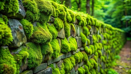 Lush green moss covering a stone wall with moss growing in front of it