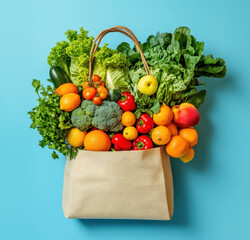 Fresh Produce in a Bag on Blue Background