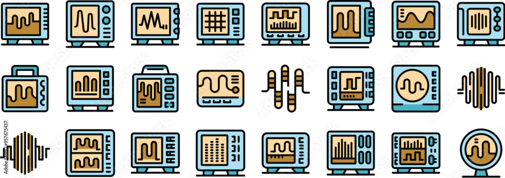 Poster this set of icons depicts various oscilloscopes, electronic test instruments used for visualizing an