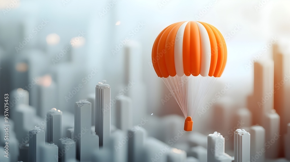 Poster concept of falling interest rates with parachute failing to open economic risk visualization
