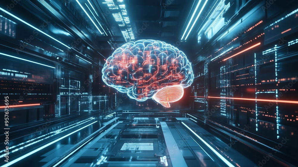 Aufkleber a neon brain visualizing neural connections inside a futuristic cybernetic corridor at twilight