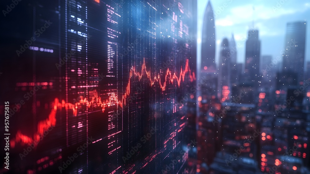 Aufkleber digital display showing falling interest rates with cityscape backdrop for economic outlook analysis