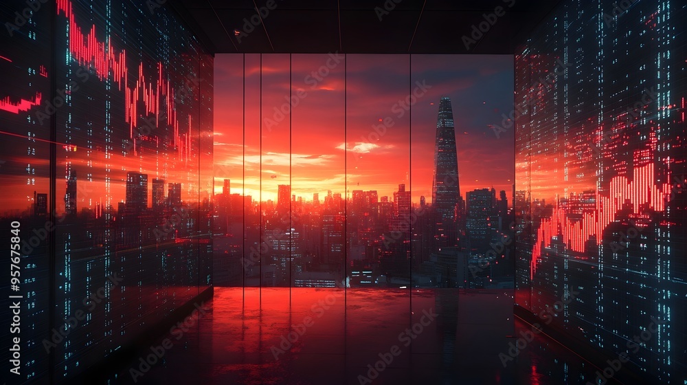Poster digital display showing falling interest rates with cityscape background economic outlook