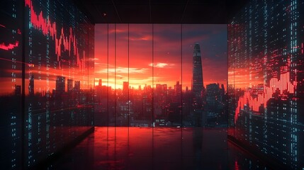 Naklejka premium Digital Display Showing Falling Interest Rates with Cityscape Background Economic Outlook