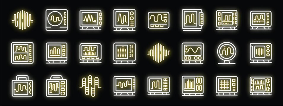 Large set of yellow glowing neon icons of oscilloscopes showing electrical signal waveform on black background