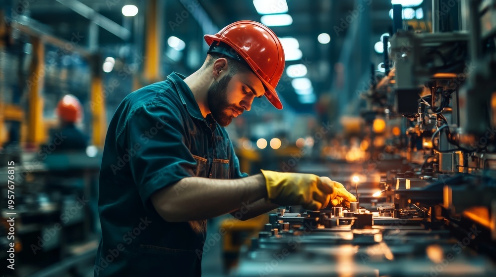 Poster engineer in a hard hat working attentively on a machine in an industrial factory setting, highlighti