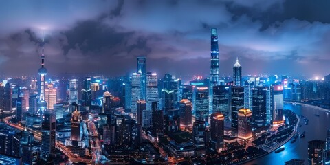 A bustling night cityscape with illuminated skyscrapers and urban lights, showcasing the vibrant nightlife and modern architecture