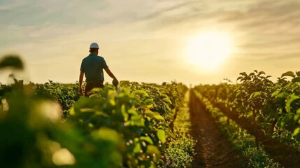 Fototapeta premium Farmer walking through lush green fields at sunset, enjoying nature's beauty while checking the growth of crops.