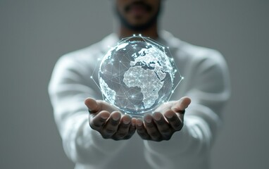 Close-up of hands holding a digital glowing globe with interconnected points symbolizing global technology, networking, and connectivity.