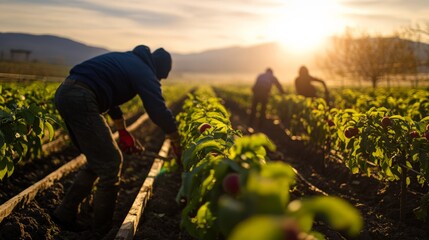 Fototapeta premium Farmers harvesting crops in a picturesque field at sunrise, highlighting the dedication and hard work of agriculture.