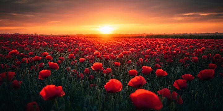 Breathtaking landscape of a poppy field at sunset with the sun dipping low on the horizon, casting a warm glow over the vibrant red flowers - Powered by Adobe