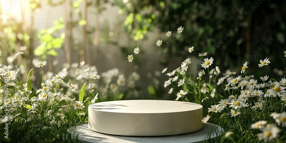 Canvas Prints Podium in round-shaped displayed daisy falling packaging mockup nature green outdoors.