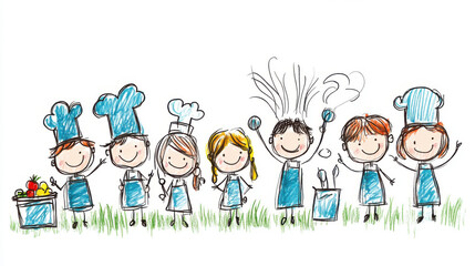 A cheerful hand-drawn illustration of children dressed as chefs, cooking together in an outdoor setting with grass.