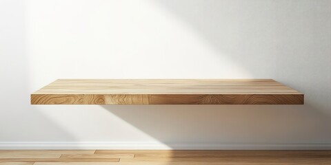 Wooden floating shelf on a white wall with wooden flooring modern interior design 