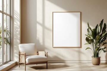 Poster Frame in Beige minimalist living room interior created with generative AI