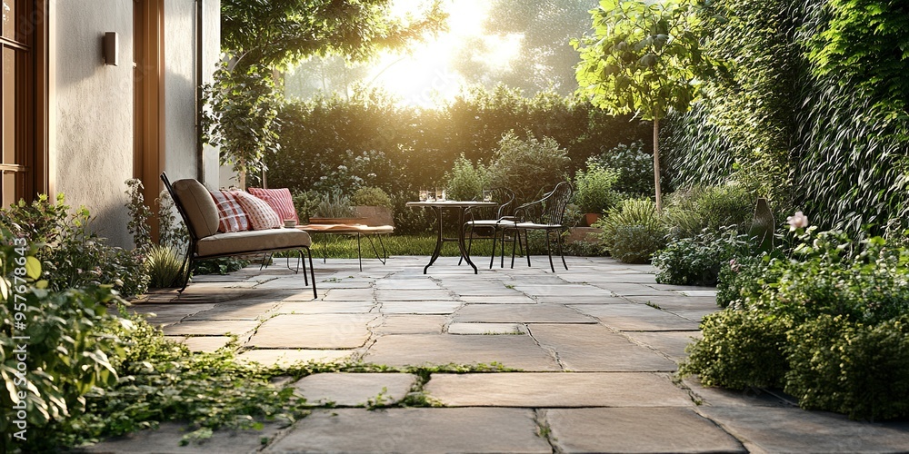 Wall mural Terrace with natural stone flooring with garden furniture and plants in the late afternoon.