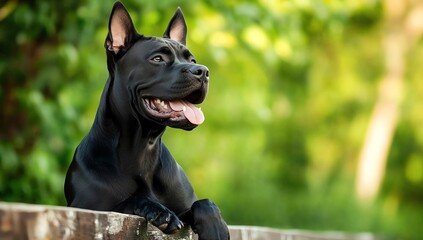 A playful black dog resting on a wooden fence, enjoying a sunny day in a lush green park, displaying joyful energy and charm. - Powered by Adobe