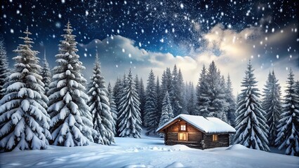 Snow covered pine trees with a cabin in foreground and falling snow on black background