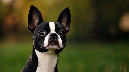 A close-up portrait of a Boston Terrier, showcasing its charming features against a blurred green background.