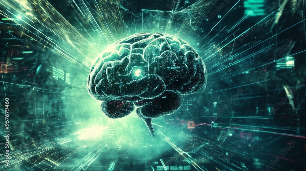 Poster a futuristic digital brain surrounded by abstract data patterns in a high-tech environment