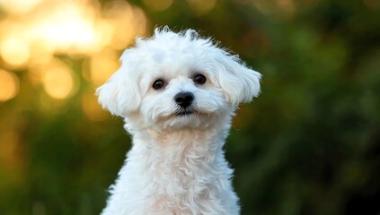 A fluffy white dog poses charmingly outdoors, showcasing its playful nature and adorable features against a soft background.