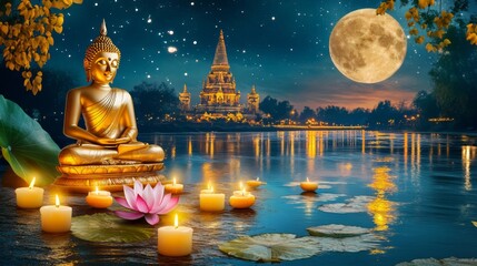 Sharad Purnima is a religious festival celebrated the Hindu lunar month of Ashvin, Buddha statue on full moon day. Happy Vesak Day. Buddha Jayanti, Buddha Purnima.