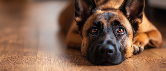 Obraz premium A close-up of a dog resting on a wooden floor, showcasing its expressive eyes and soft fur in warm lighting.