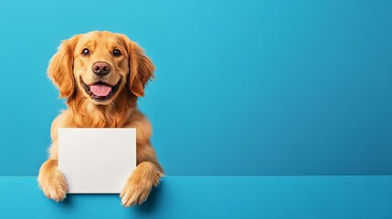 Golden Retriever holding a blank sign with its paws against a bright blue background, perfect for customizable messages or advertisements.