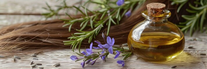 Fototapeta premium Rosemary-Infused Hair Oil: A Well-Liked Hair Care Item Known for its Nourishing and Revitalizing Properties, Crafted with Natural Rosemary Extract to Enhance Hair Growth and Fortify Hair Follicles.
