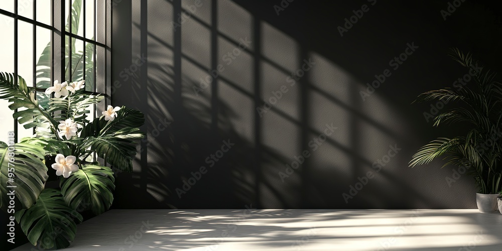 Poster abstract studio black background for product presentation. empty room with shadows of window and flo