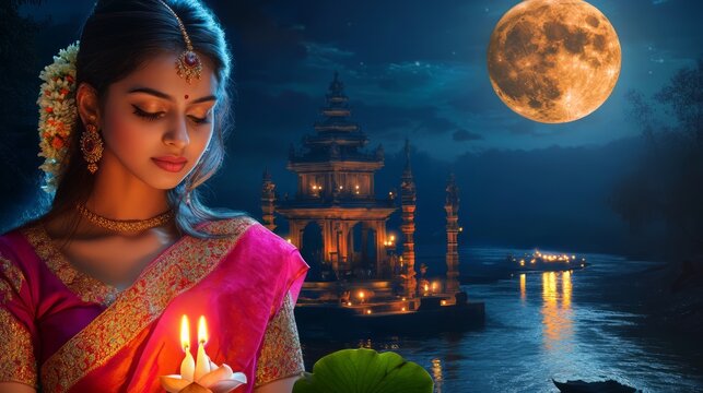Sharad Purnima. A religious festival celebrating Hindu lunar month of Ashvin, Young india Woman with traditional attire celebrating festival on Fullmoon night with Candle light and Lotus