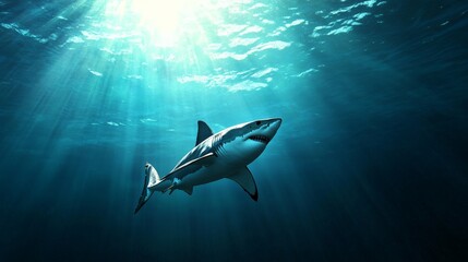 Naklejka premium Great white shark swimming underwater, illuminated by sunlight streaming through the ocean surface, showcasing marine life in its natural habitat.