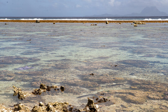 A low angle view of clear South Pacific ocean water over shallow coral reefs on the tropical island Taha'a in French Polynesia. Bora Bora can be seen in the distance over the sea. 