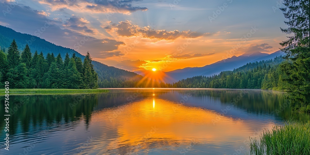 Canvas Prints beautiful view of sunset over lake wallpaper. A landscape of Sunset over lake. landscape with a lake and mountains in the background. landscape of mountain lake and forest with sunset in evening. 