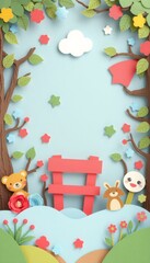 Colorful paper cut-out of a whimsical landscape with a bear, rabbit, and flowers.
