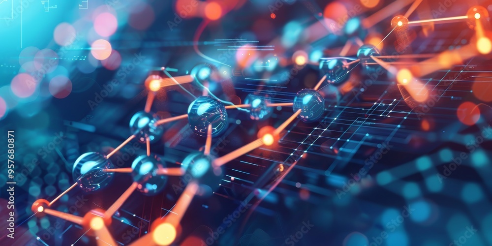 Poster high-resolution image of a 3d molecular model with connecting bonds, placed over a scientific graph,