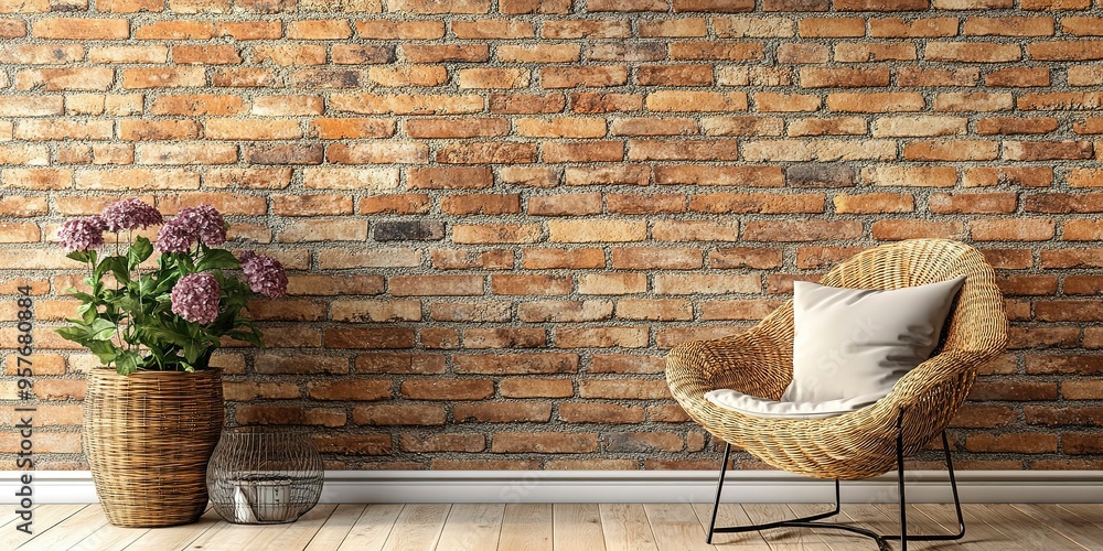 Canvas Prints natural brick wallpaper with modern wicker chair and vase of flowers. with copy space image. Place for adding text or design 