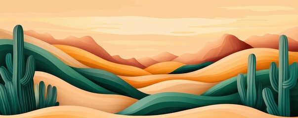 A desert landscape with mountains in the background and cacti in the foreground