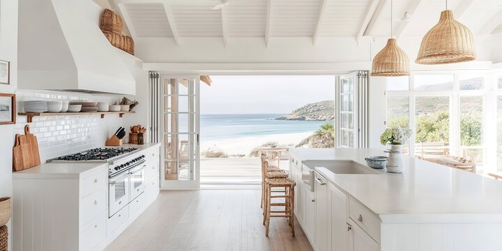 A bright, airy kitchen with white cabinets and walls, overlooking the beach in South Africa