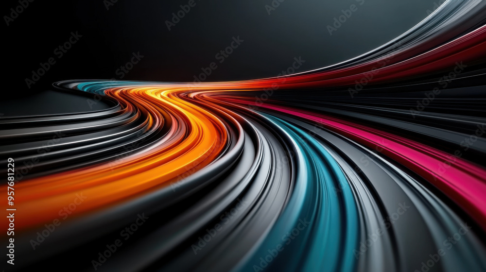 Poster dynamic abstract image of colorful curved lines in orange, red, blue, and black, creating a sleek an