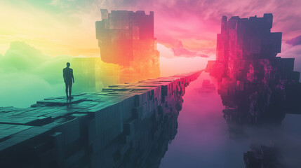 Fototapeta premium A solitary figure walks along a digital pathway, surrounded by futuristic structures, towards a vivid sunset, symbolizing the journey into the unknown
