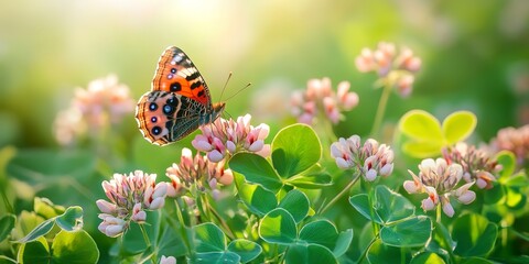 Obraz premium Wild flowers of clover and butterfly in a meadow in nature in the rays of sunlight in summer in the spring close-up of a macro. A picturesque colorful artistic image with a soft focus 