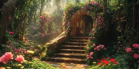 beautiful secret fairytale garden with flower background.