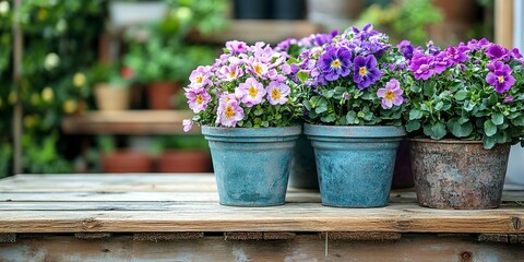 Colorful flowers in pots on wooden table in garden for sale in spring summer season. Selective focus. 