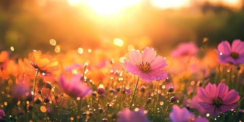 Sunrise over a Field of Colorful Flowers with Dew Drops 