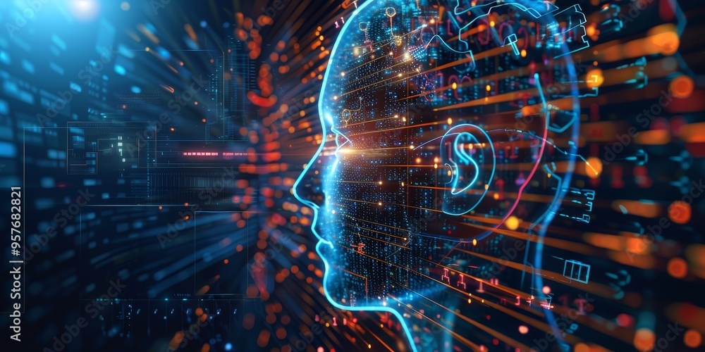 Poster AI and machine learning technology concept with data analysis and digital information flow