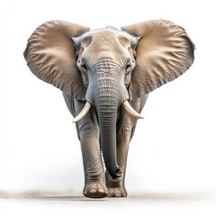 Obraz premium A majestic elephant walking towards the viewer, showcasing its impressive size and detailed features against a clean background.